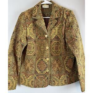 Vintage Appleseed Sz M? Gold Multi Tapestry Button Front Notch Collar Blazer
